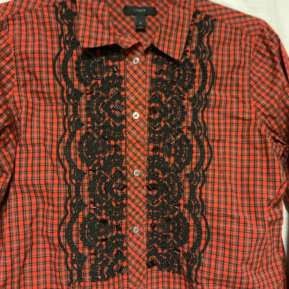 Women's J Crew Red Plaid Shirt Embroidered Sz‎ 8 Button Down Top Western Beaded